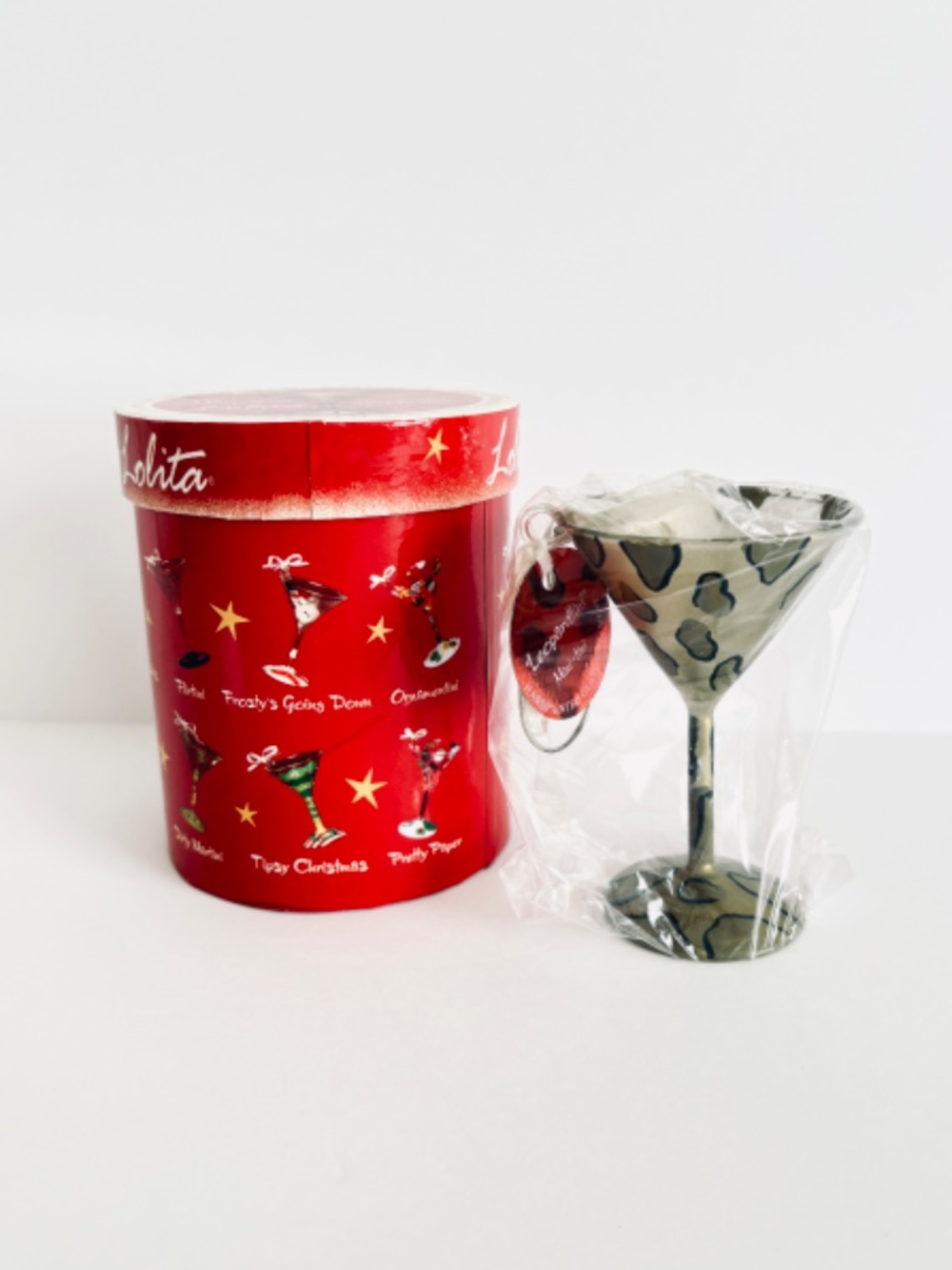Lolita Mini Tini Christmas Ornament Leopardtini Glass Handpainted Happy Holidays